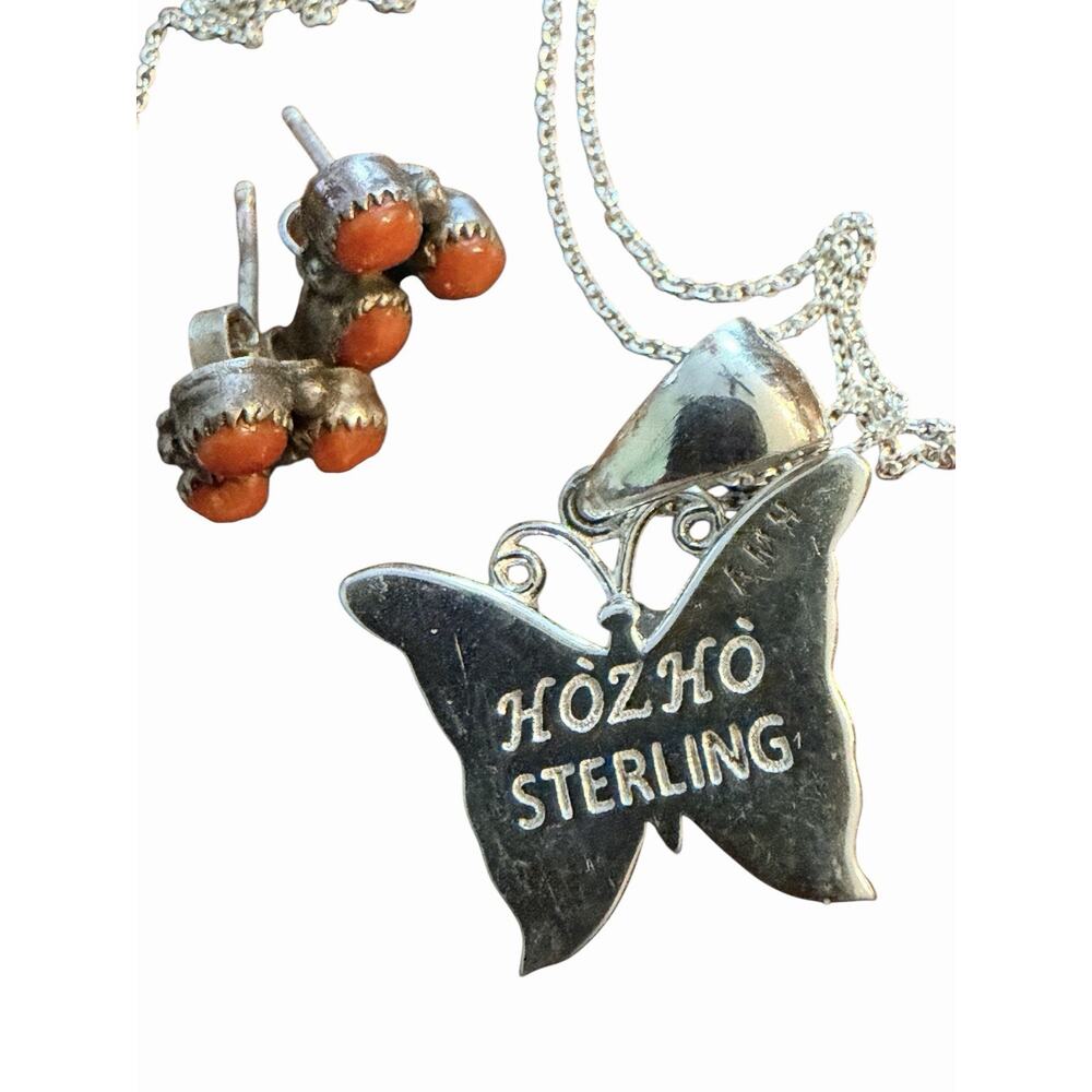 Navajo Sterling Silver & Inlay Butterfly Necklace by ALDORA HENRY & Earrings Set - Picture 2 of 4